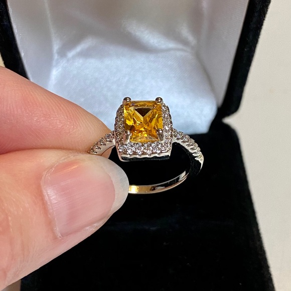 925 Sterling Silver Yellow Canary CZ Halo Ring - Picture 7 of 12